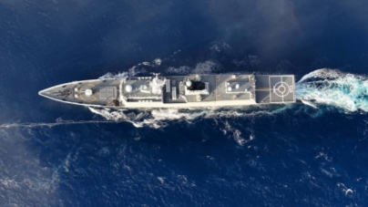 Naval vessels in astern replenishment-at-sea training