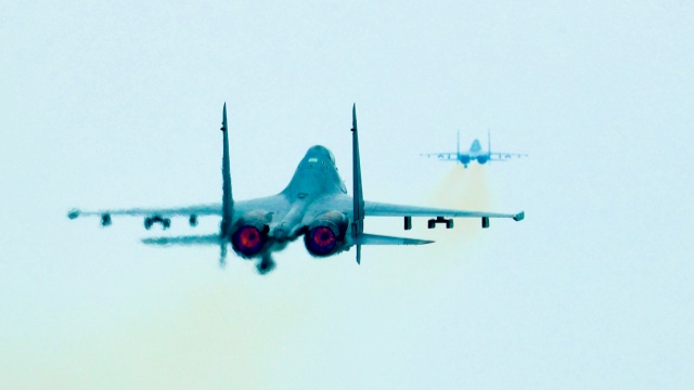 J-16 fighter jets take off in formation