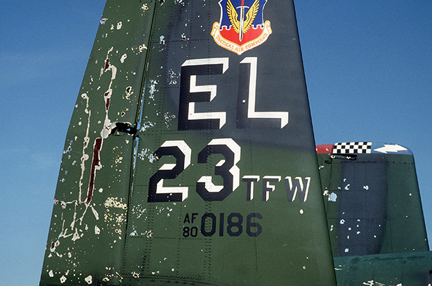 A close-up view of the tail section of an A-10A ...