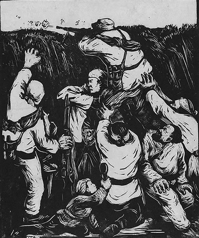 木刻印刷品“当敌人寻找山峰”：令人难忘的战