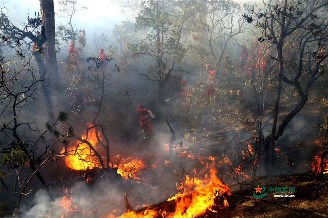 2017年4月,官兵扑救凉山州木里县俄亚乡森林大火.