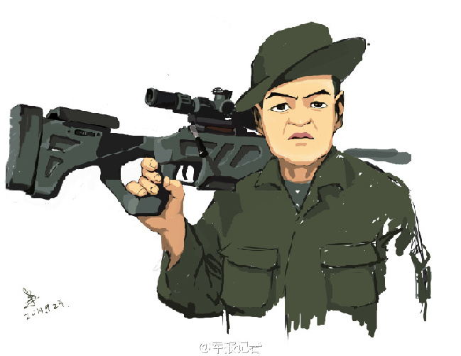 手绘国际狙击手比武冠军吴春平肩扛大狙图