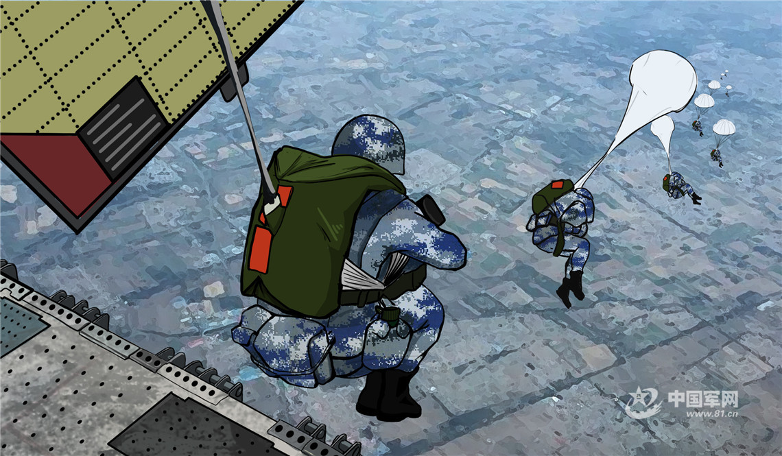 空降兵从飞机上鱼跃而出.展开战术训练.对空射击训练.