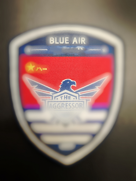 李超代表向记者展示"蓝军"臂章(因涉军事秘密,模糊化处理).